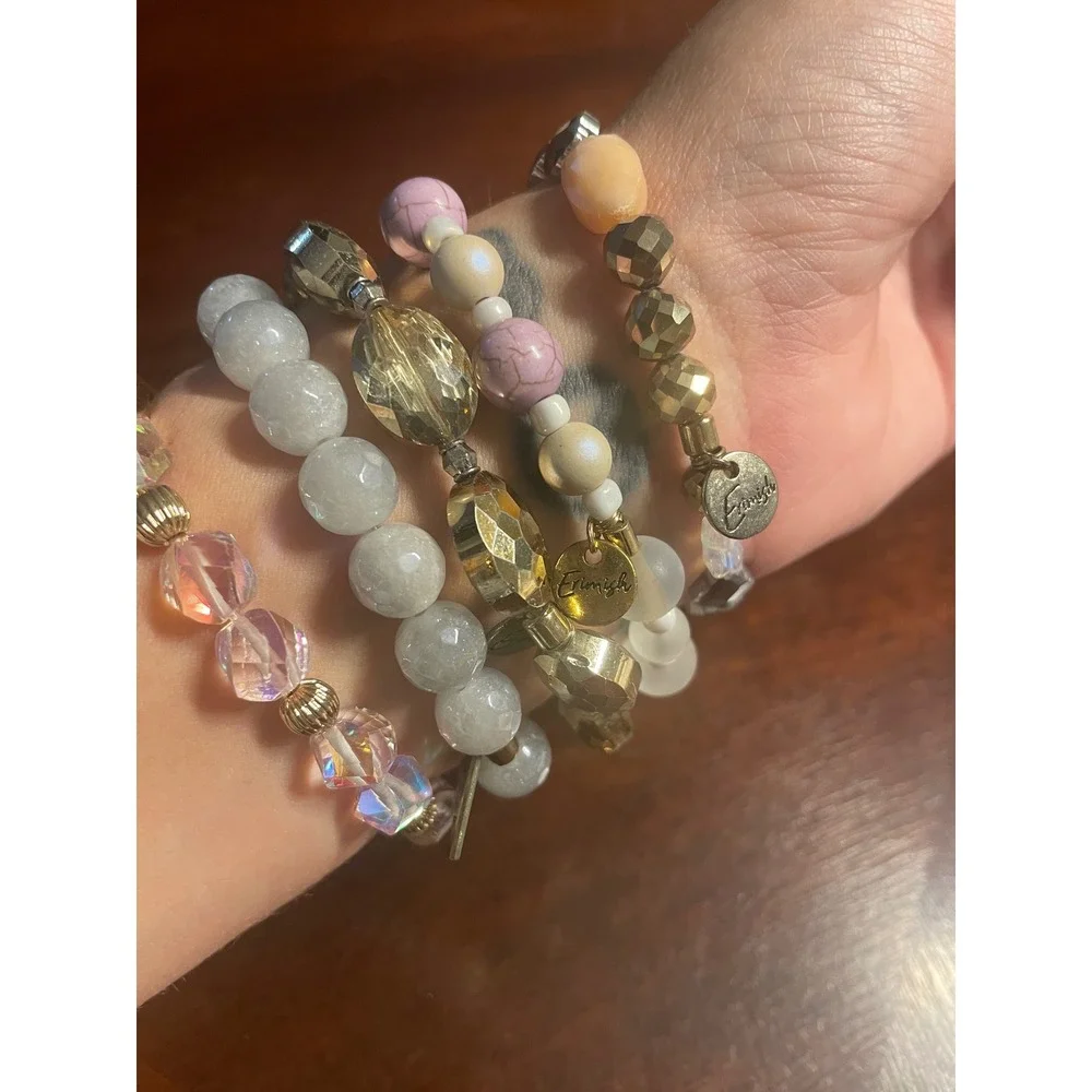 Erimish Beaded Bracelet Stack Gold Lavender Iridescent 5 Piece Set with Pouch
